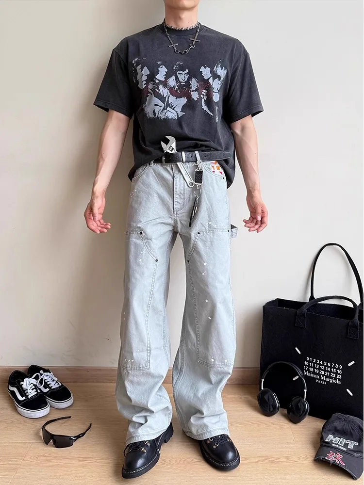 

Мужские джинсы в стиле ретро, рабочие, с нашивками на коленях, повседневные, свободные, прямые, джинсовые брюки, универсальные, для отдыха, в стиле Timberland