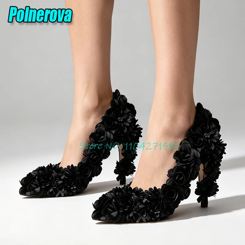 Women Handmade Flower 11CM High Heel Pumps Red Pink Black Rose Pointed Toe Stiletto Heels Elegant Party Wedding Dress Shoes