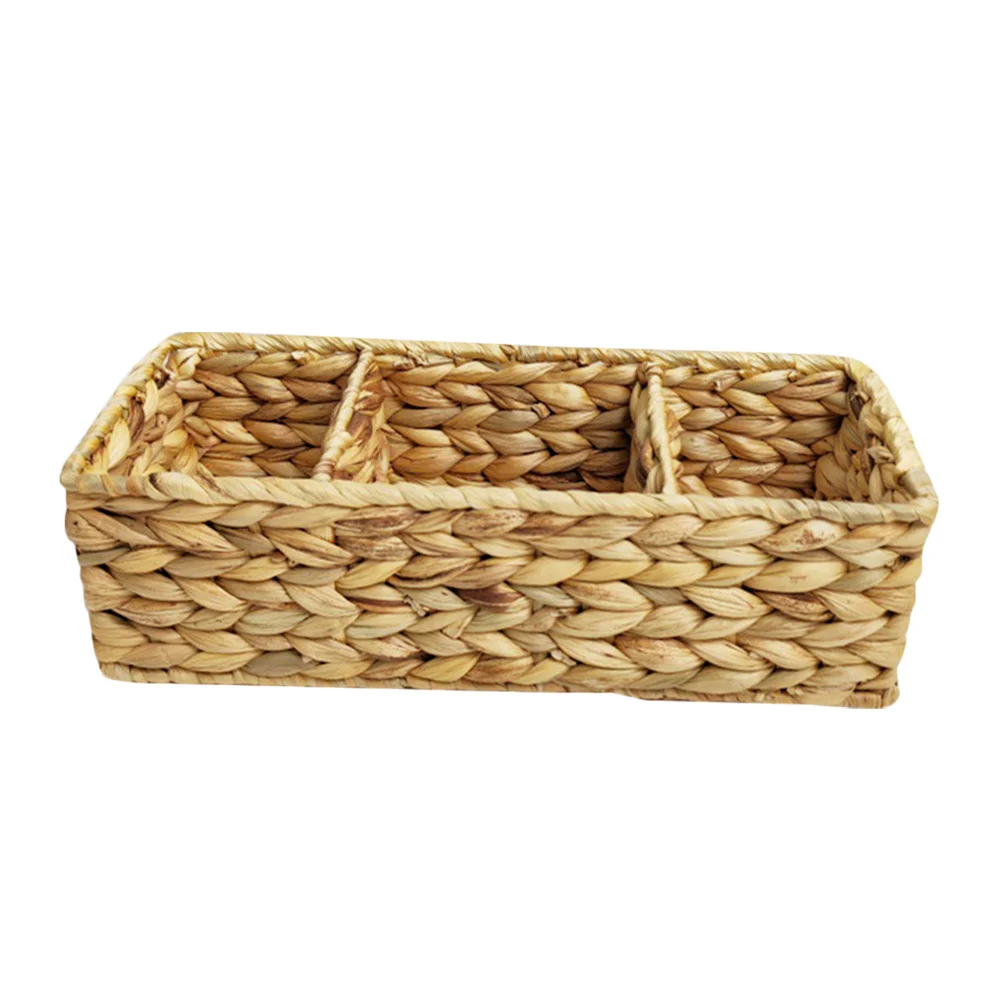 

3-Section Woven Storage Basket Kitchen Cutlery Organizer For Small Sundries Desktop Shelf Closet Handwoven Divider Design