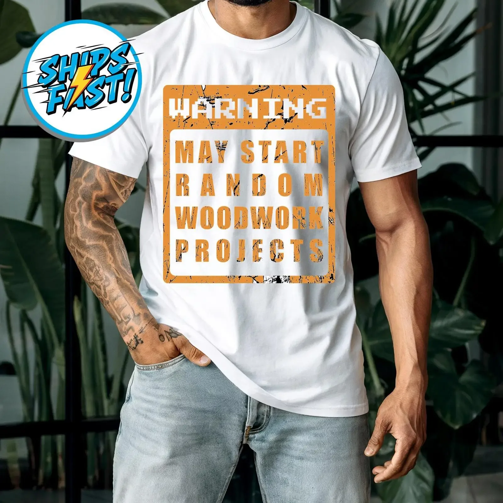 Warning May Start Random Woodwork Projects T Shirt Woodworker Garage Woodshop Humor for DIY Maker Workshop vintage Washed