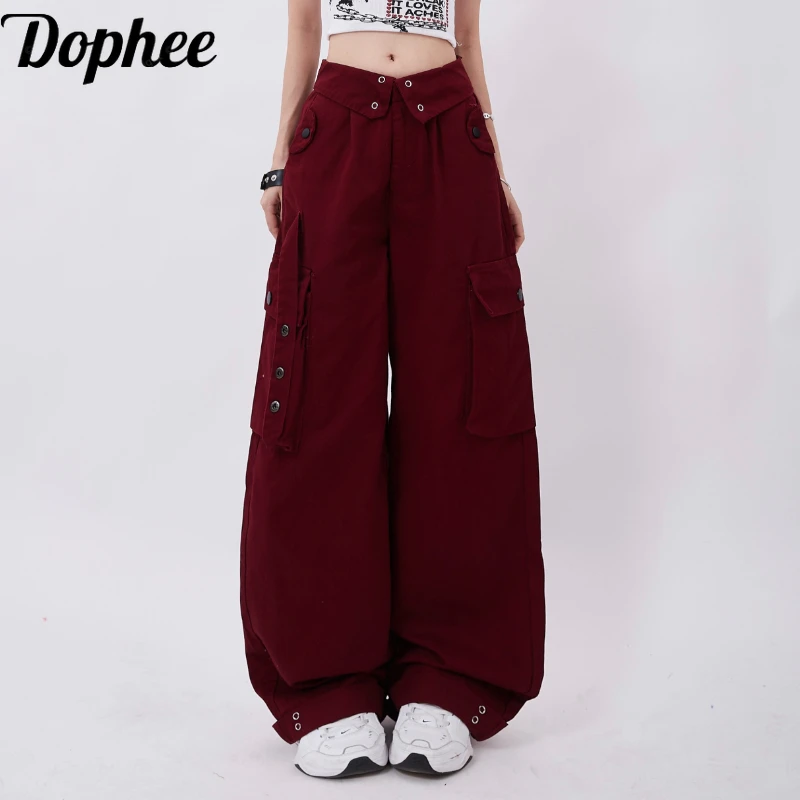 Dophee Candy Color Cargo Pants Wpmen Autumn American Street Multi Pocket Edge Curl Waist Spice Girls Straight Dance Trousers