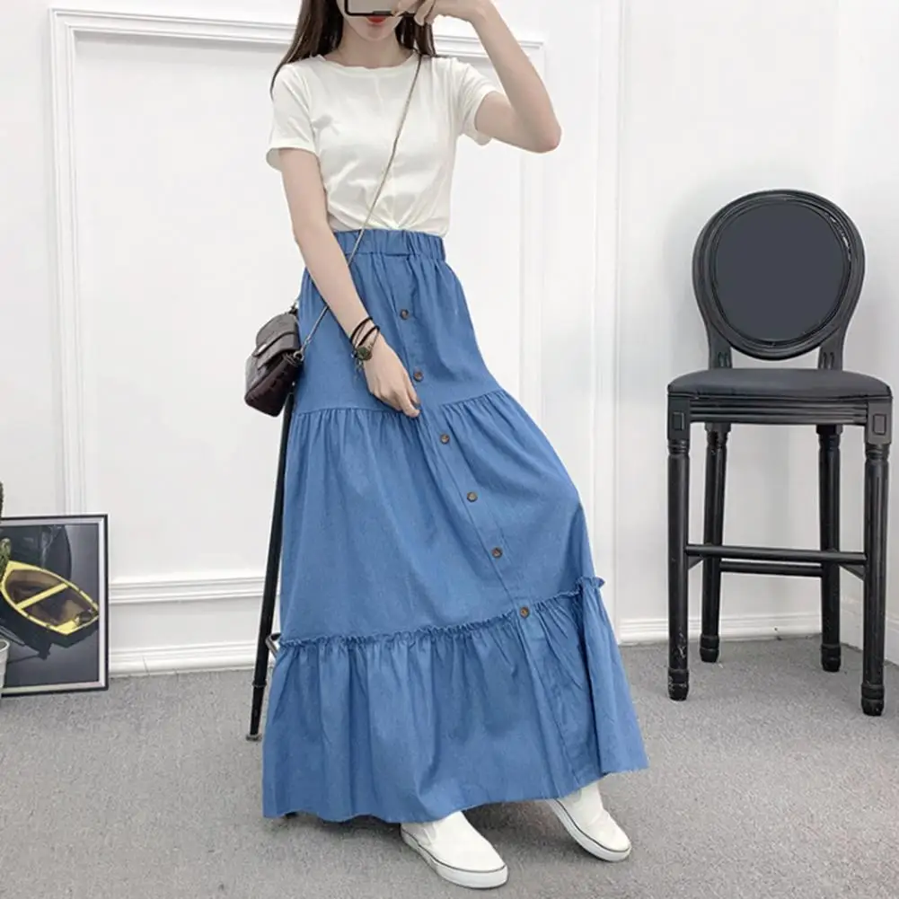 

90cm Length Denim Skirts Women's Elastic High Waist Button Shirring Patchwork Ruffle Long Casual Blue Skirt Streetwear