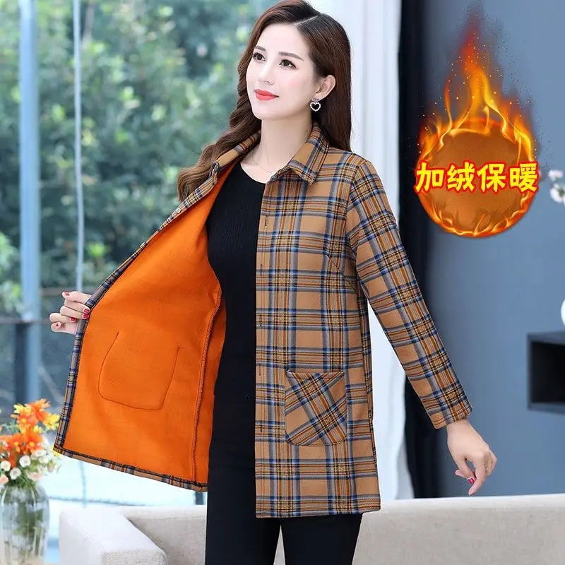 Autumn Winter Thick Office Lady Shirts Casual Turn-down Collar Ladies Long Sleeve Blouses Plaid 2023 New Loose Women\'s Clothing