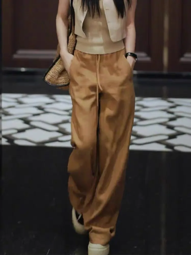 

High Waist Loose Fit Straight Leg Linen Wide Leg Pants Women's Summer Casual Loose Feeling Trousers Korean Sle Commute