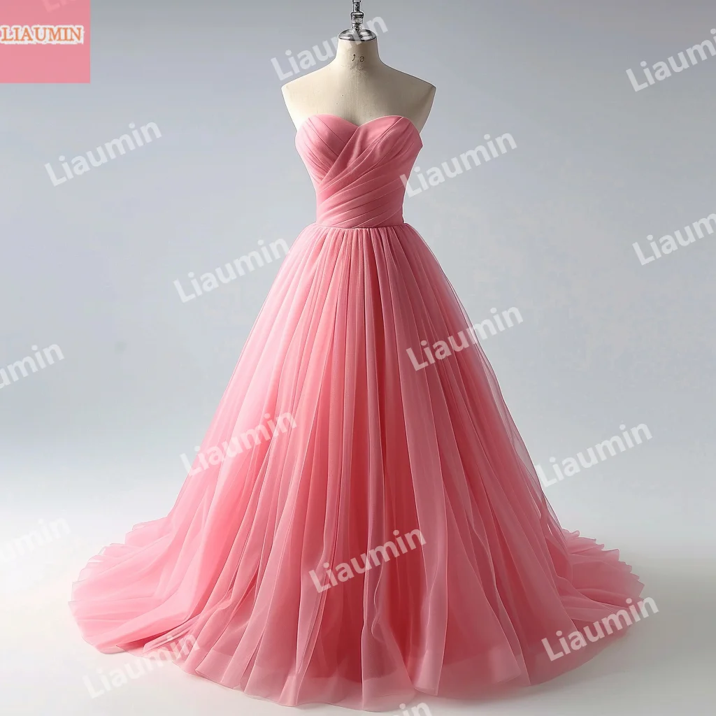 

Custom Hand Made Pink Tulle Pleat Lace Up Simple Prom Dress Floor Length Strapless Evening Dresses Formal Clothing W15-48.1