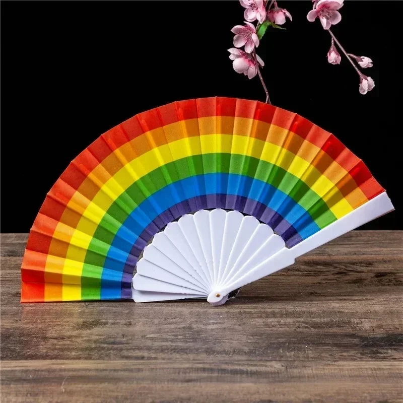 1PC Plastic Hand Crank Fan Foldable Oriental Style Rainbow Silk Fabric Pocket Hand Fans Party Fovor Personality Dance Fan Gifts