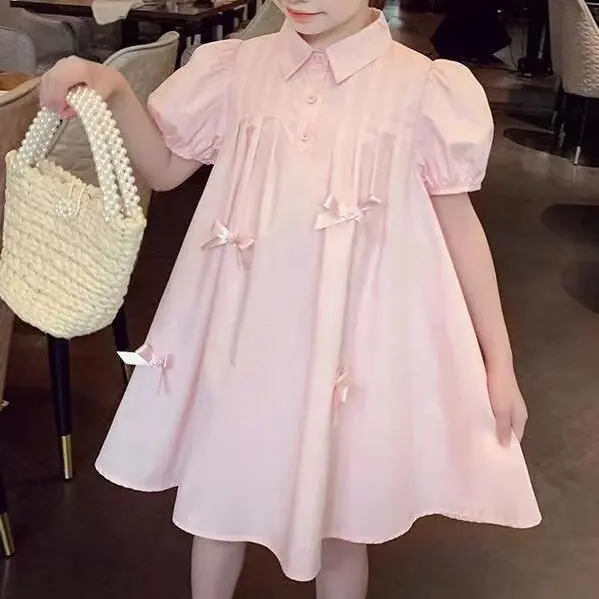 Children Bubble Sleeves Turn-down Collar Sweet Pink Back Bow A-line Dress 2024 Summer New Girl\'s Fashion Casual Dress