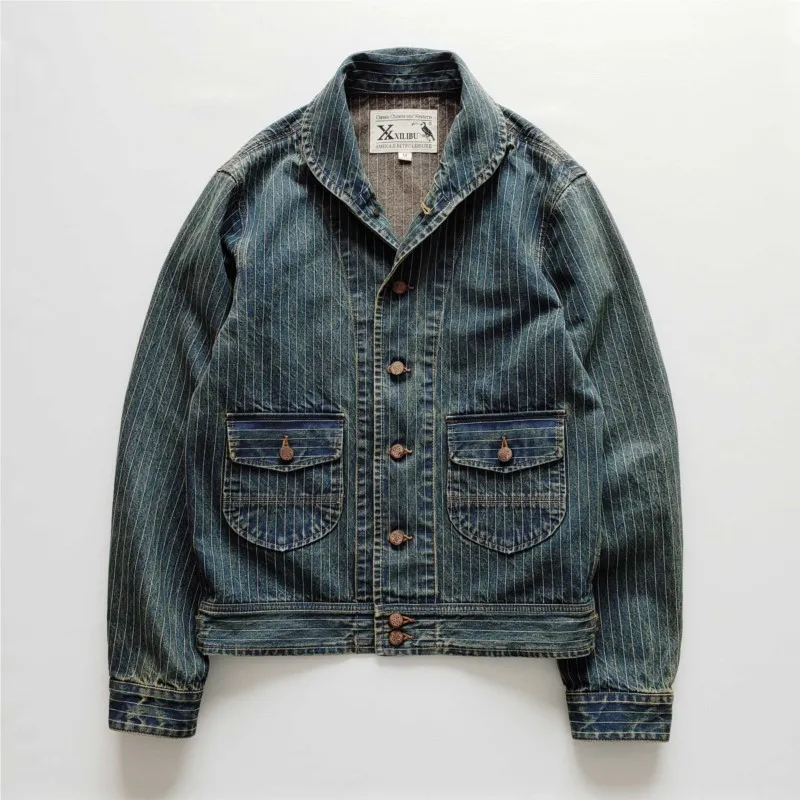 Amekaji Wear Clothes Mengood Quality Striped Denim Green Fruit Collar Jacket Coat Classic Washed Distressed