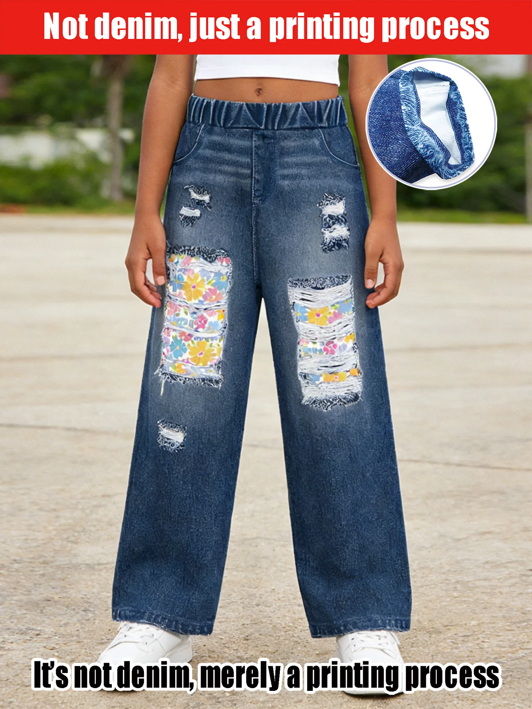 

2026 children's light blue imitation denim wide-leg pants, old holes + colorful flower splicing decoration