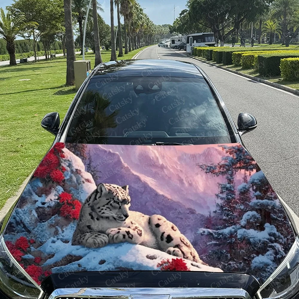 Snow leopard rests peacefully in snowy mountains, vibrant red flowers bloom nearby, serene winter wilderness scene.Car hood stic