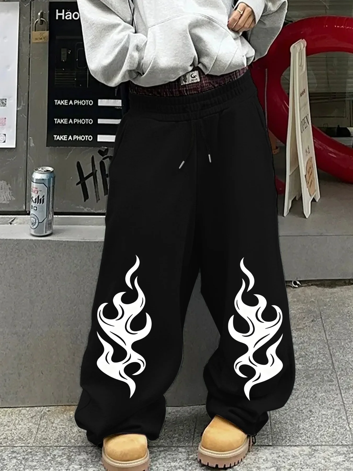 Men's Flame Print Straight‑Leg Pants, Trendy Hip Hop Streetwear Casual Sports Joggers, Daily Wear Fashion Sweatpants S‑3XL