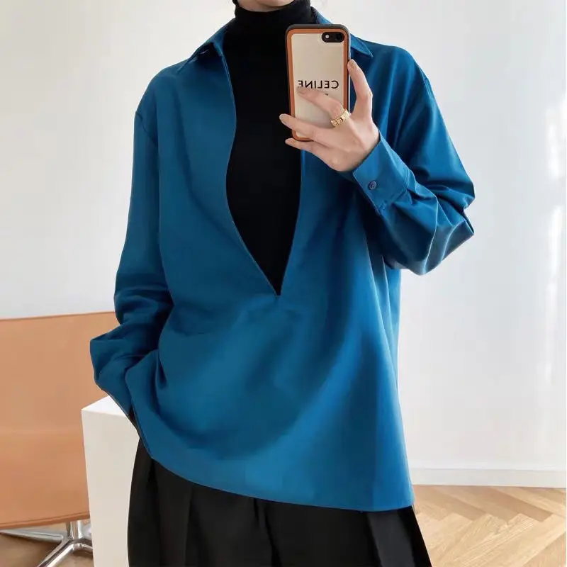 QWEEK Vintage Blouses Harajuku White Blue Shirts Loose Elegant Female Tops Office Wear Women No Buttons V-Neck Autumn Clothes