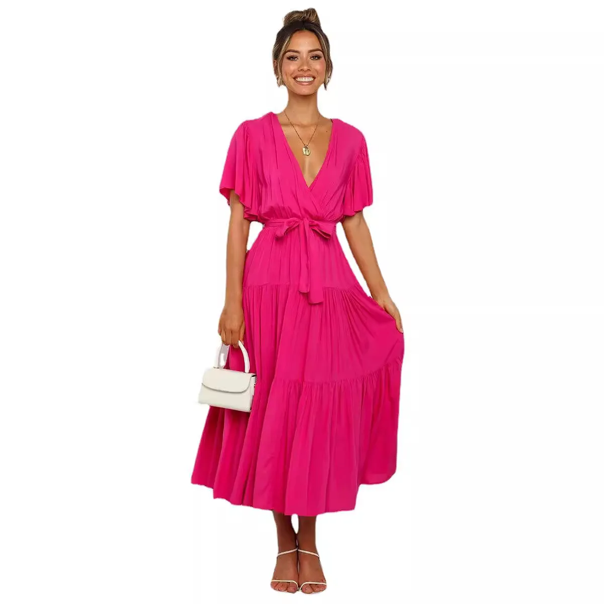 Damska sukienka na lato 2025, jednolity kolor, dekolt w serek, krótki rękaw, długa spódnica, styl bohemy, sznurowany pas, rozkloszowana.