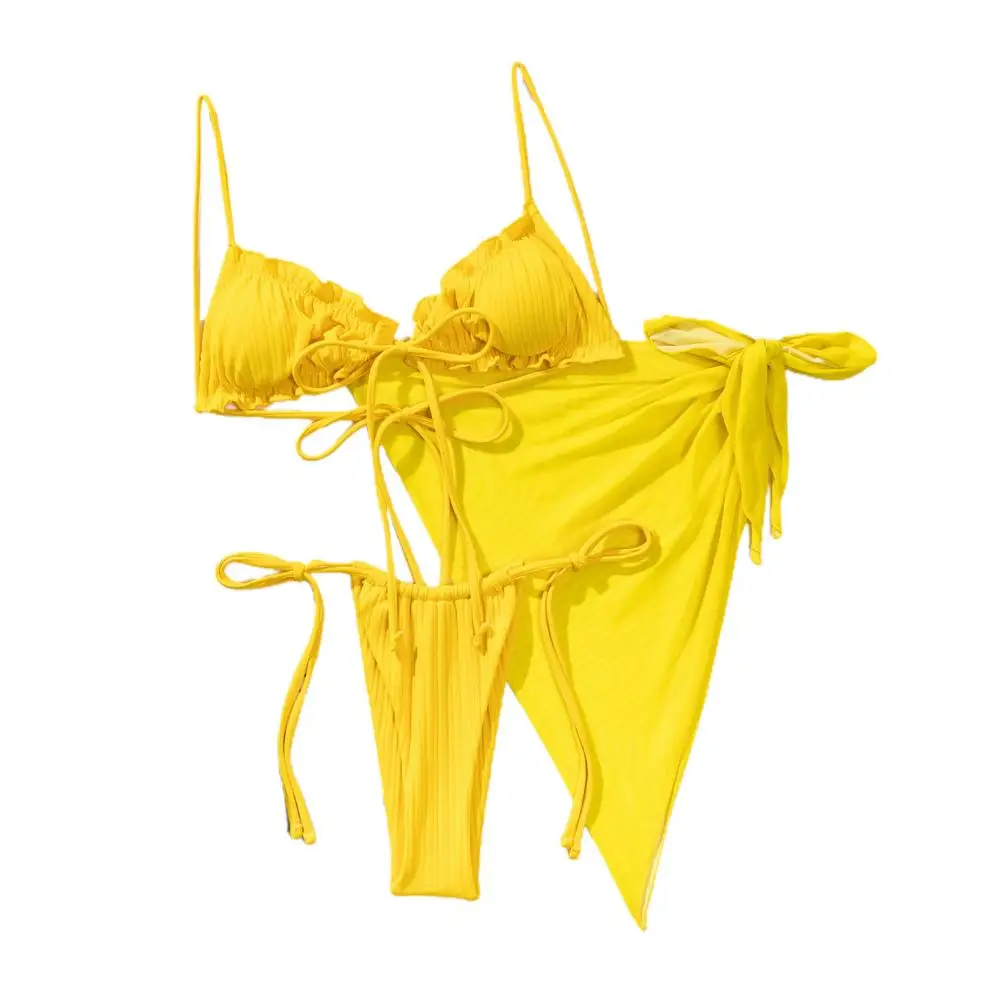 3 Stks/set Geplooide Ruches Trim Pads Draadvrije Bikini Cover Up Set Sling Bh Laagbouw Slips Rok Set Strandkleding