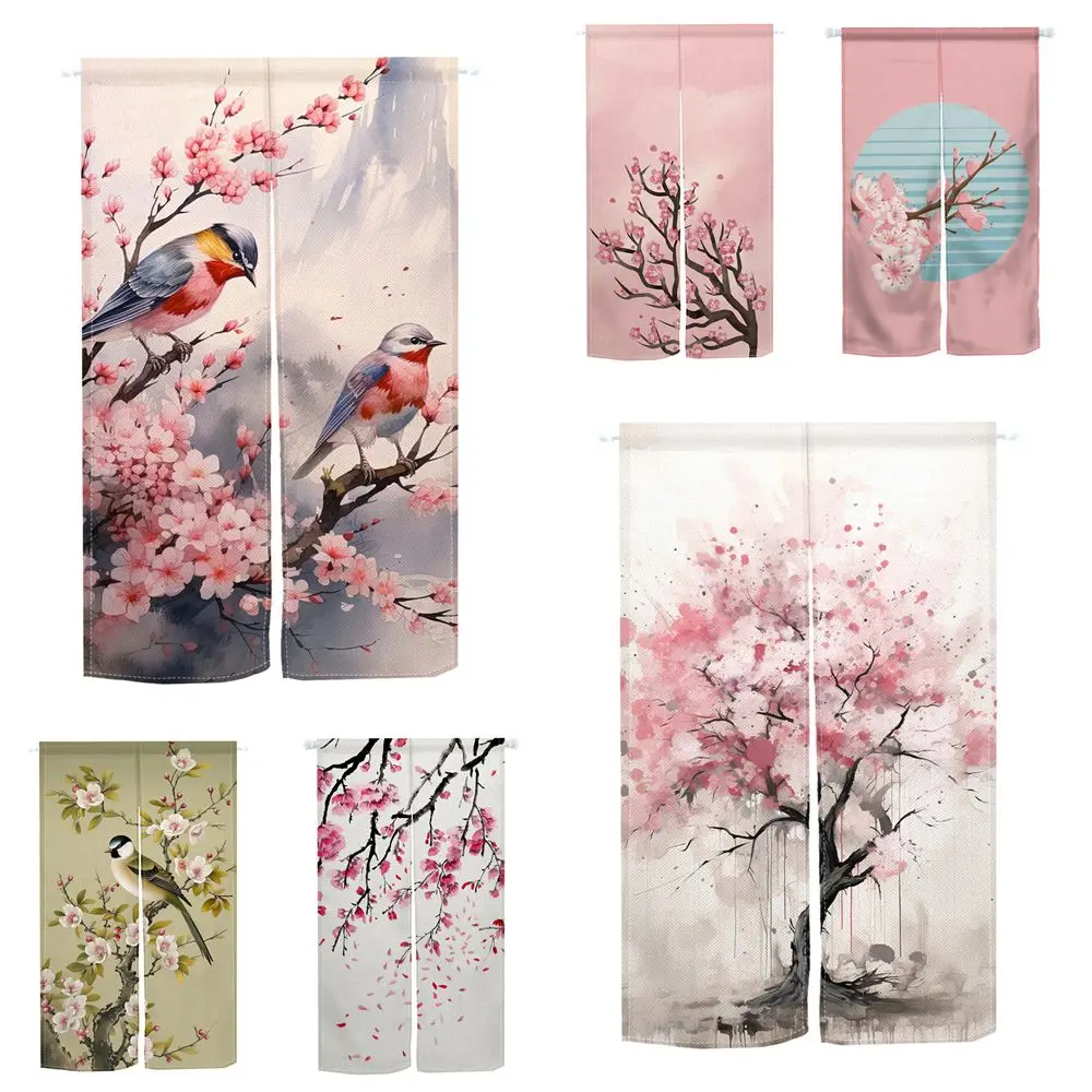 Cherry Blossom Door Curtain Japanese Linen Izakaya Doorway Partition Curtain Kitchen Bedroom Bathroom Door Decor Half Curtain