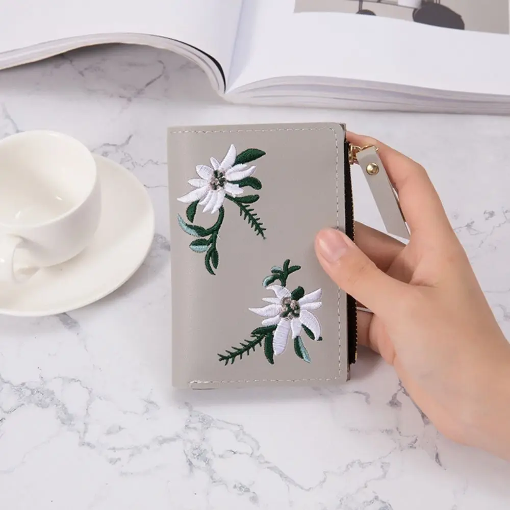 

PU Embroidered Wallet Coin Pocket Multiple Card Slots Small Purse Fashion Ample Cash Storage Flower Card Pouch Female