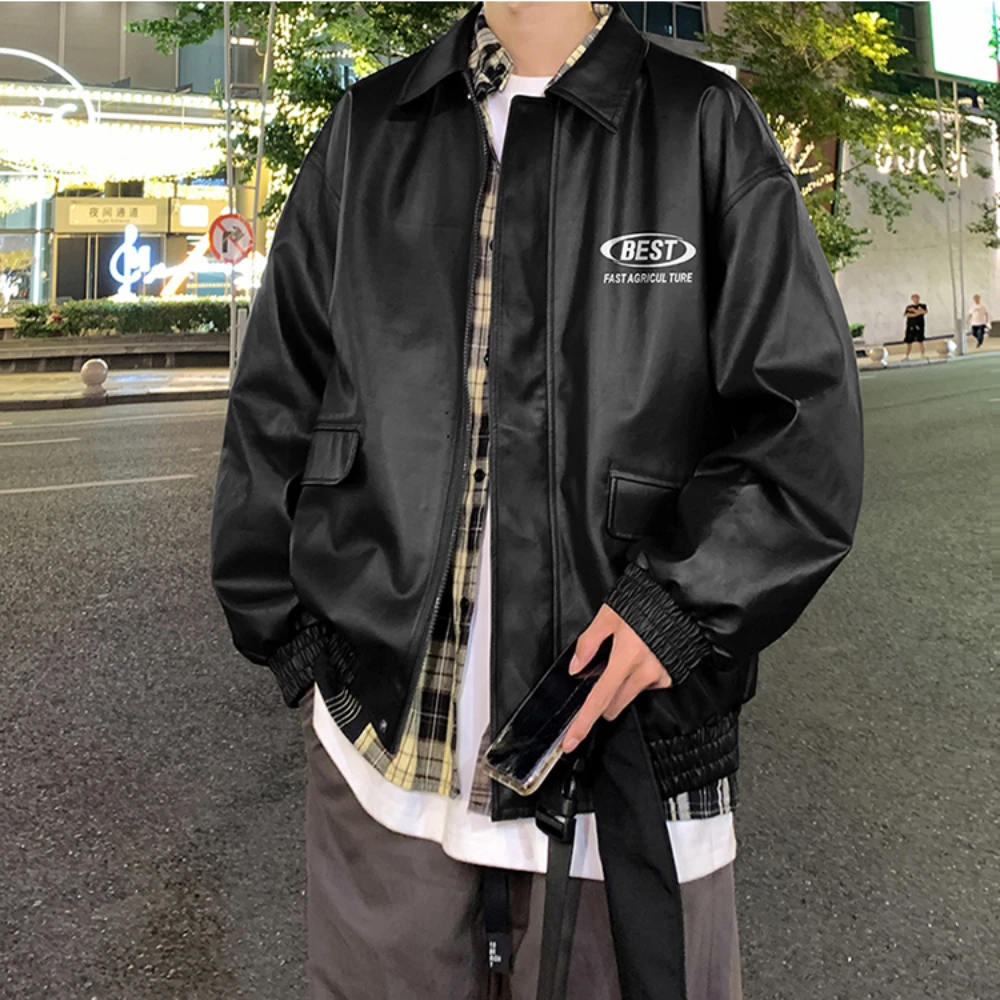 

Men's New Winter Leather Jacket South Korea Trendy Loose PU Coat Letter Printed Thickening Coat Korean Reviews Many Clothes