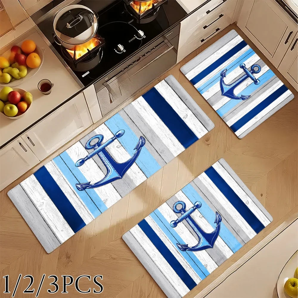 3PCS Kitchen Rugs,Home Decoration for Front Door, Kitchen, Bathroom, Blue Anchor Stripes Wood Pattern Print Dining Mat