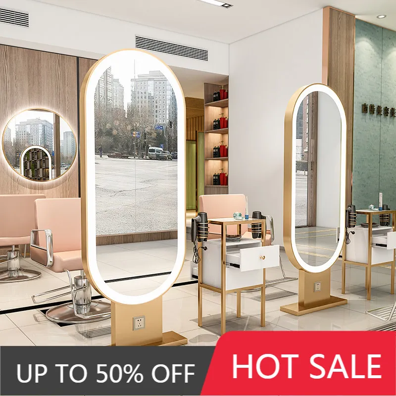 Trendy Hair Salon Floor Standing Double Sided Mirror Station With Lights Professional Barber Stylist Haircut Vanity Mirror Table