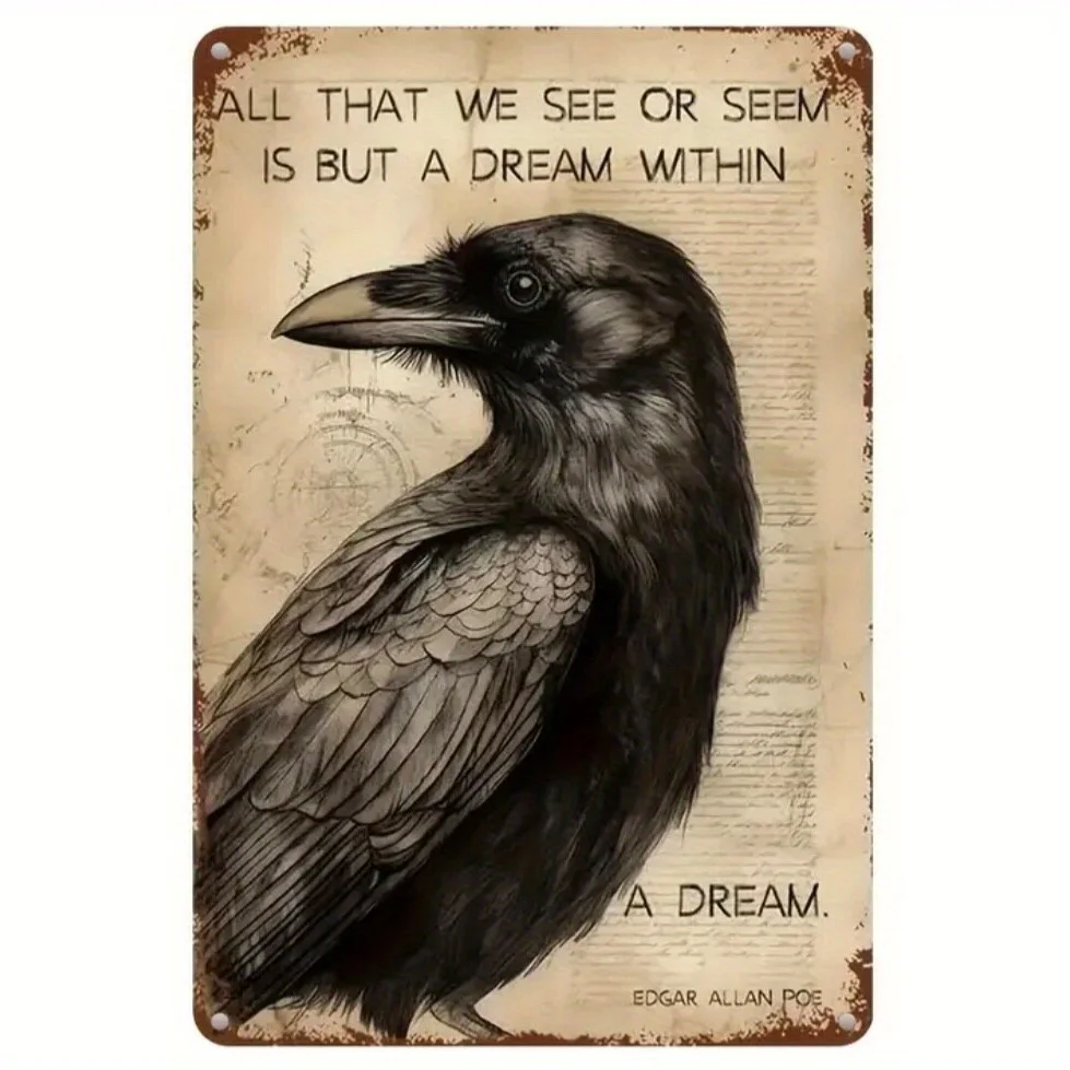Letrero artístico de pared de metal inspirado en Edgar Allan Poe - Decoración gótica con cuervo, cita "Todos los que veremos o vistas es pero un sueño" - Heavy-D