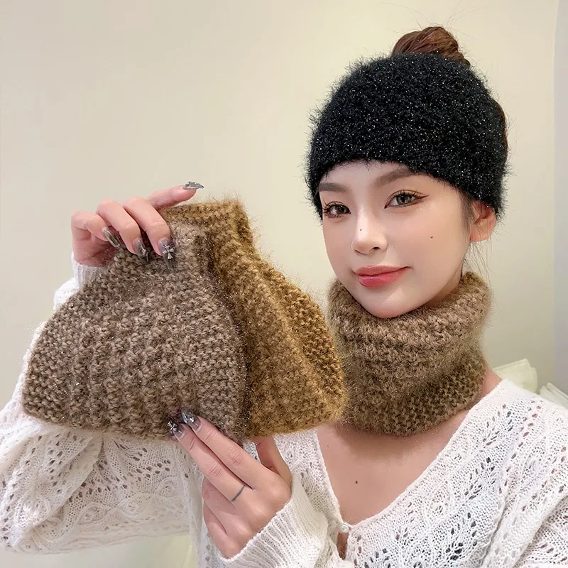 Unisex Autumn Winter Warm Wool Knitted Soft Headbands Neckerchief Winter Wide Edge Headscarf Solid Outdoor Windproof Hair Band