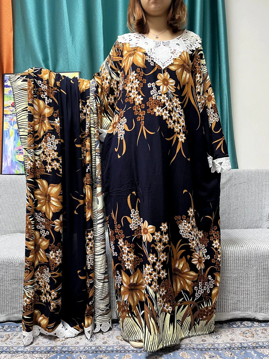 Abayas musulmanas de Dubái para mujer, maxivestido suelto bordado, vestido Floral africano con cuello redondo y bufanda grande, 2023