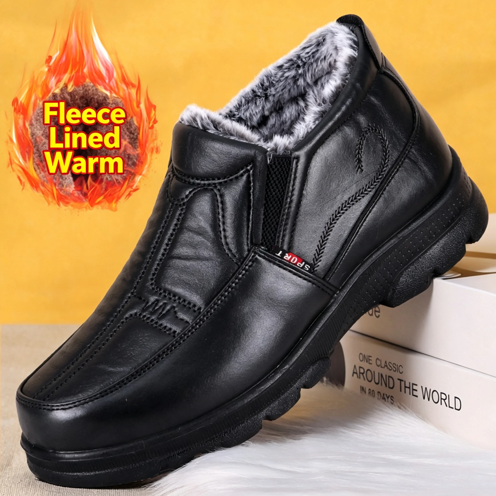 Men Winter Slip On Ankle Boots, Faux Leather Fleece Lined Warm Shoes, Non-Slip Thick Sole Casual Outdoor Cold-Proof Short Boots