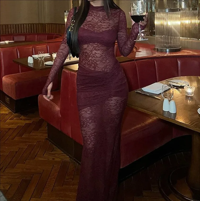 

DSMTRC See Through Sexy Lace Womens Long Sleeve High Neck Elegant Bodysuit+Split Skirt Two Pieces Sets Dress Suits Party Outfits