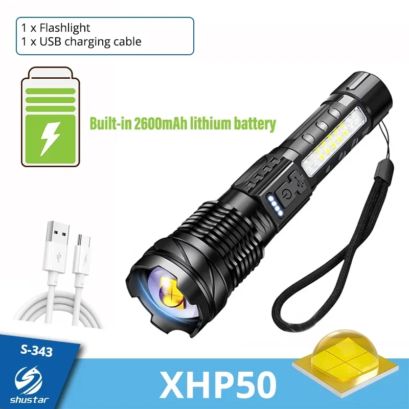 Super Bright LED Flashlight, Rechargeable Torch with High Brightness Sidelight, Using 30W White Laser Cartridge