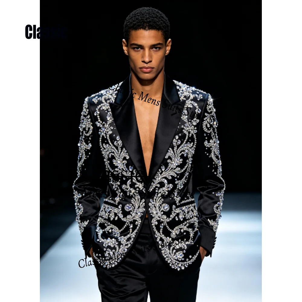 High End Jewelry Beading For Men Suit Customized Embroidery 2 Pieces Groom Male Blazers Ropa hombre Luxury Slim Wedding Tuxedos
