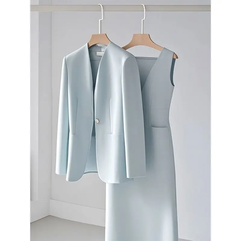 Fashionable and Elegant Women\'s Set Spring and Autumn Western Style High-end Feeling Blue Jacket Casual Dress Two-piece Set