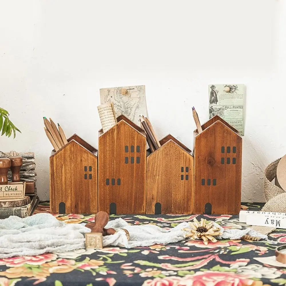 2PCS/Set Cute Wood Pen Holder House-Shape Stationery Storage Box Desktop Ornament Stationery Rack School Office