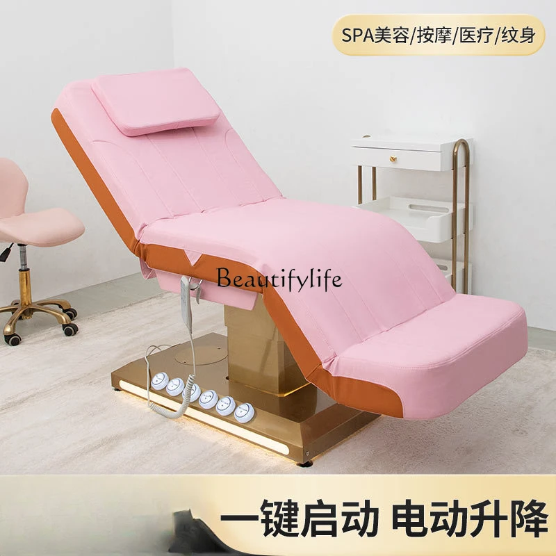 Electric lifting beauty bed, golden base, body massage bed, special for beauty salons