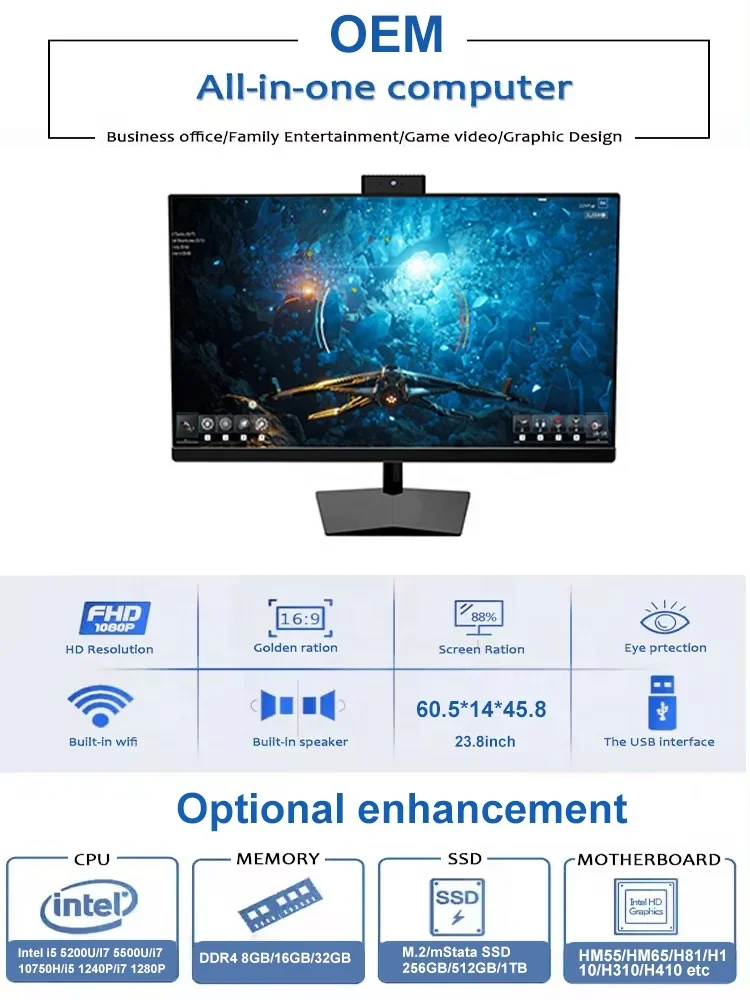 23.8" 27inch All-in-One Computer Core I7 11390H DDR4 16G RAM 512GB SSD AIO Gaming Desktop Computer All In One