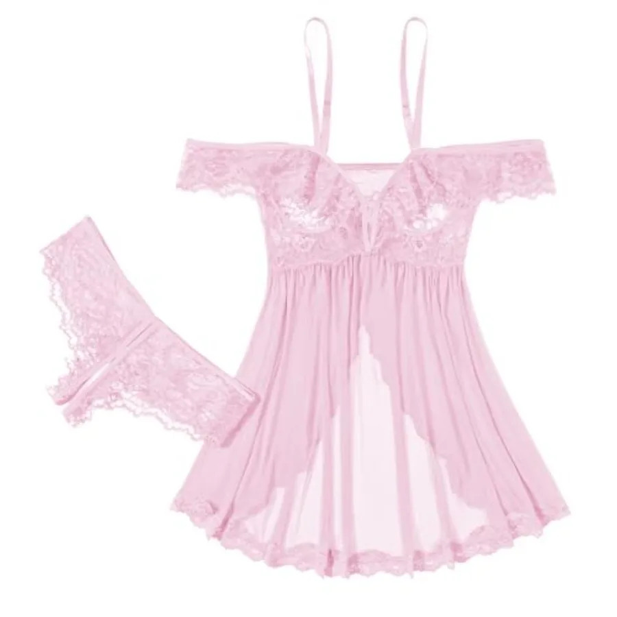 

Avidlove Sexy Cut Out Off Shoulder Sheer Mesh Lace Wireless Babydoll Lingerie Dress with Thong 2 Pcs