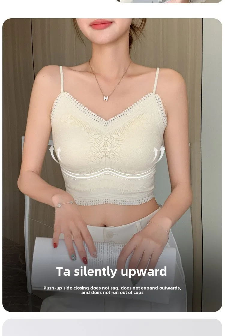 Die neue Damen-Spitzenweste mit nahtlosem kleinen Neckholder, Wickelbrust, nahtlose Unterwäsche, eine Tasse, rutschfester BH, Y2k-Top, Tank-Top, Neckholder – Detail 3