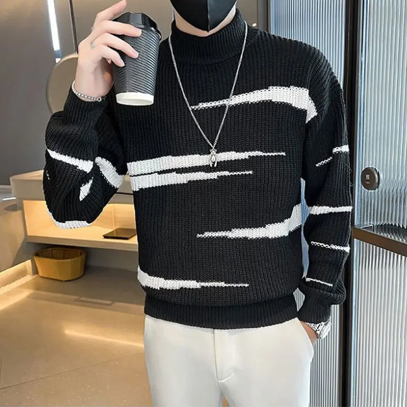 Basic Contrasting Colors Pullovers Knitted Men's Clothing Casual Half High Collar Autumn Winter Young Style Long Sleeve Sweaters