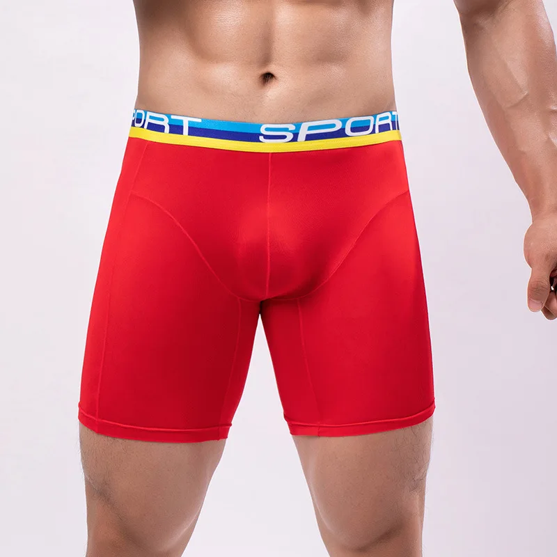 Ropa interior Sexy de M-4XL para hombre, Bóxer corto de cintura alta fina, bolsa de pene con bulto de seda de hielo, Calzoncillos de pierna larga,