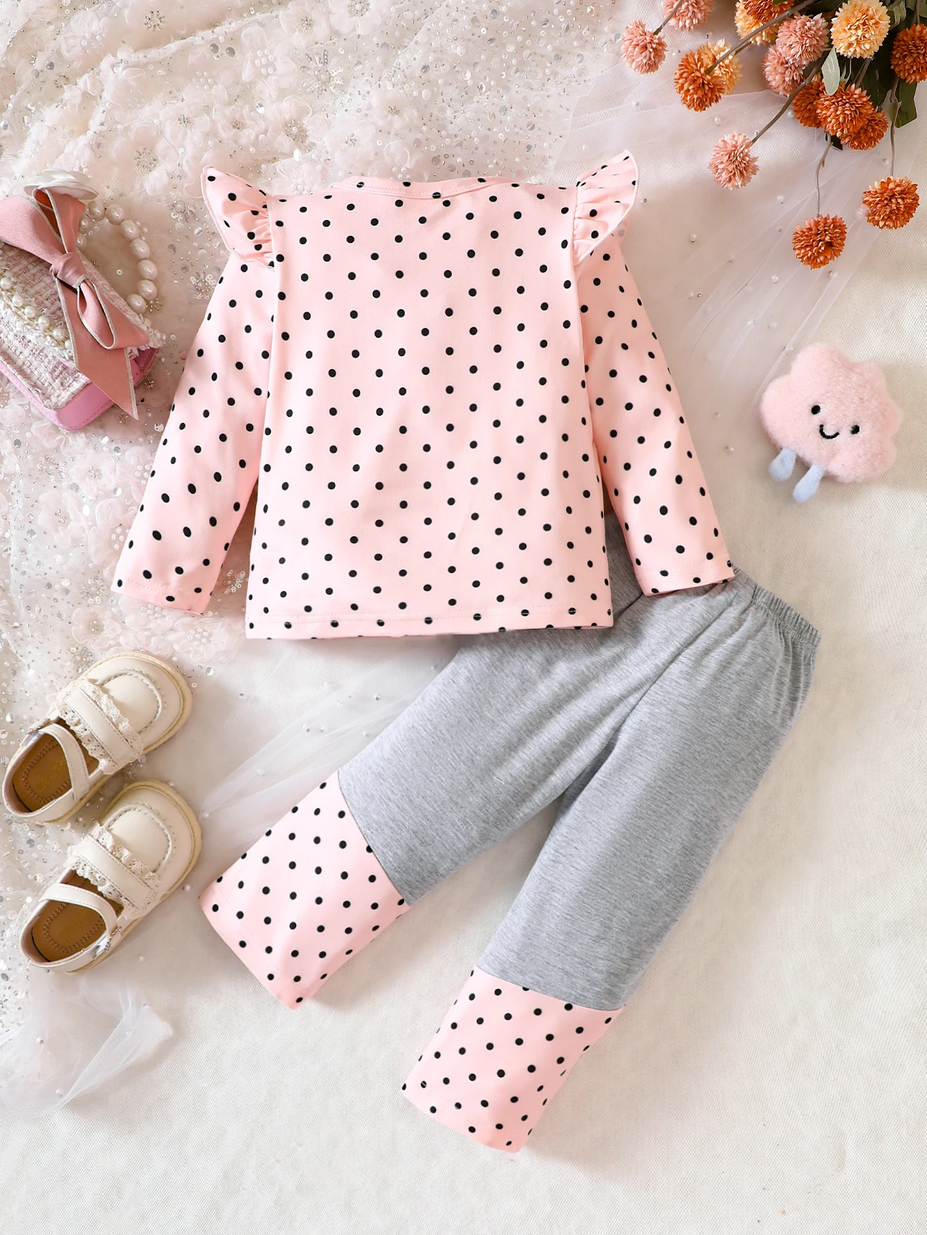 Early Spring Girls Set Round Neck Long Sleeve Letter Dot Heart White Swan Top Fashion Pants Foreign Style Infant Children