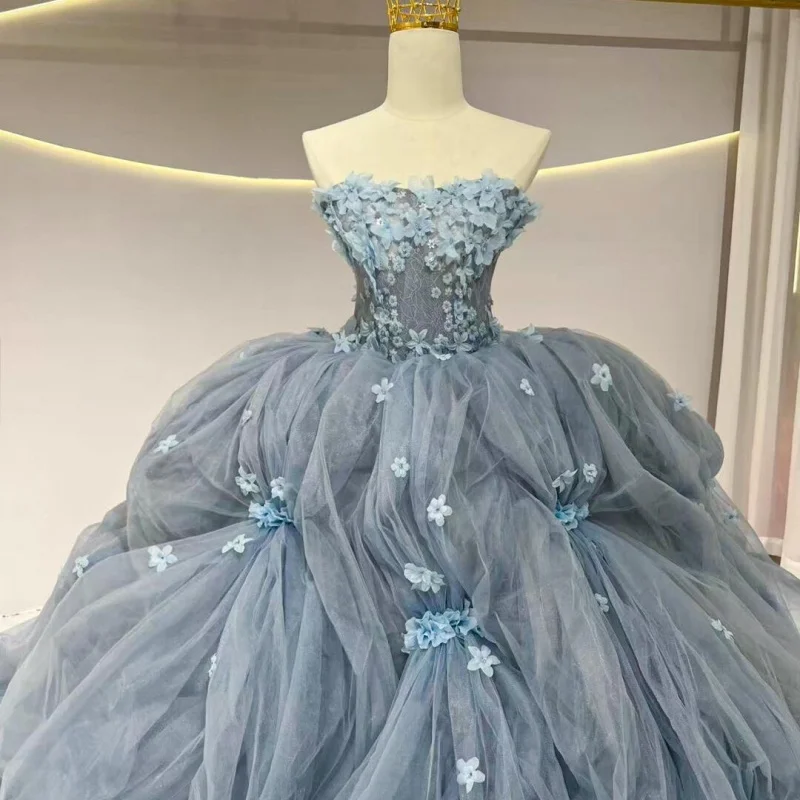 

Shiny blue-gray Quinceanera Dress Lace crystal glitter 3D flower decal Long tail vestidos de 15 Quinceanera ﻿Customized