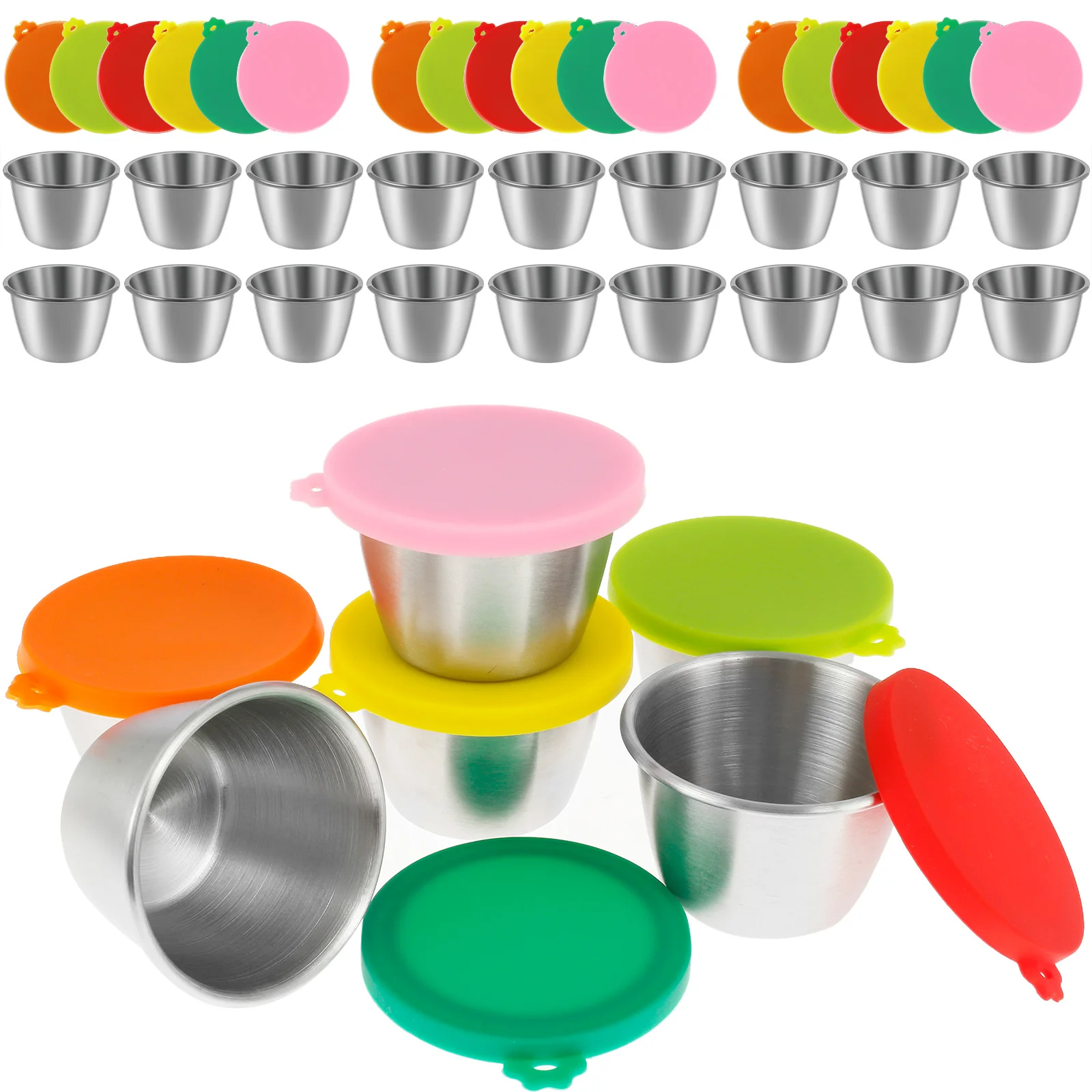 

6/12/24Pcs Stainless Sauce Cup Silicone Lids Anti Leaking Salad Dressing Condiment Container Dipping Sauce Cups Food Containers