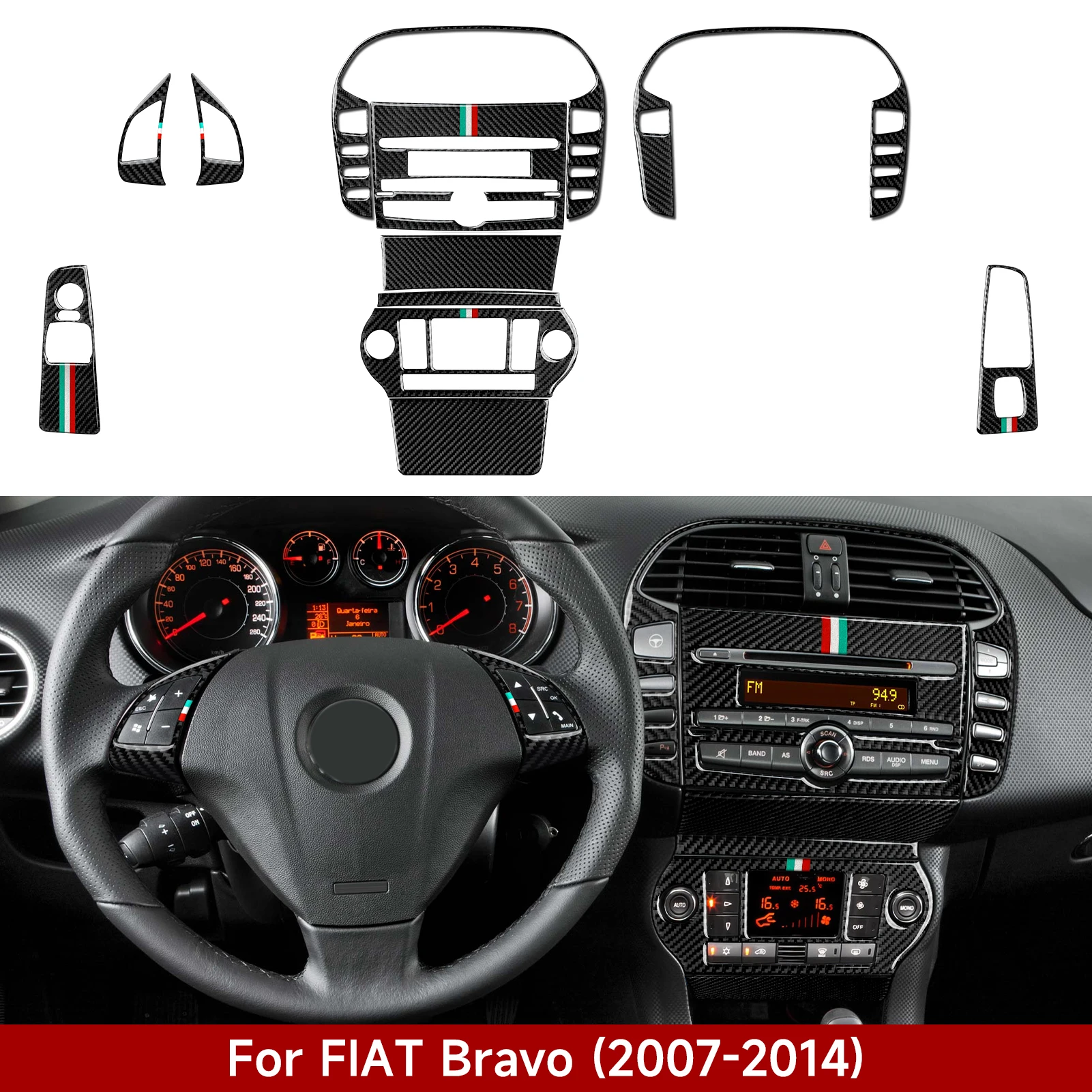 Pannello Pulsanti per Bocchette d'Aria della Console Centrale del Volante dell'Auto Adesivo in Fibra di Carbonio per Interni Accessori per Fiat Bravo (2007-2014).