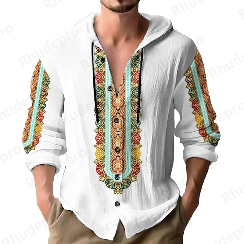 

Мужские рубашки в национальном стиле, блузка с капюшоном, пуловер с длинными рукавами и пуговицами, осенние удобные повседневные свободные праздничные рубашки, мужские топы
