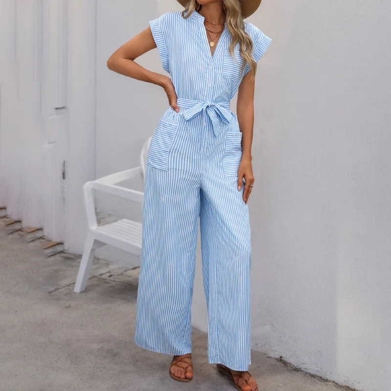 

New Casual Jumpsuit Sleeveless V-Neck Blue And White Vertical Striped Jumpsuit Pants