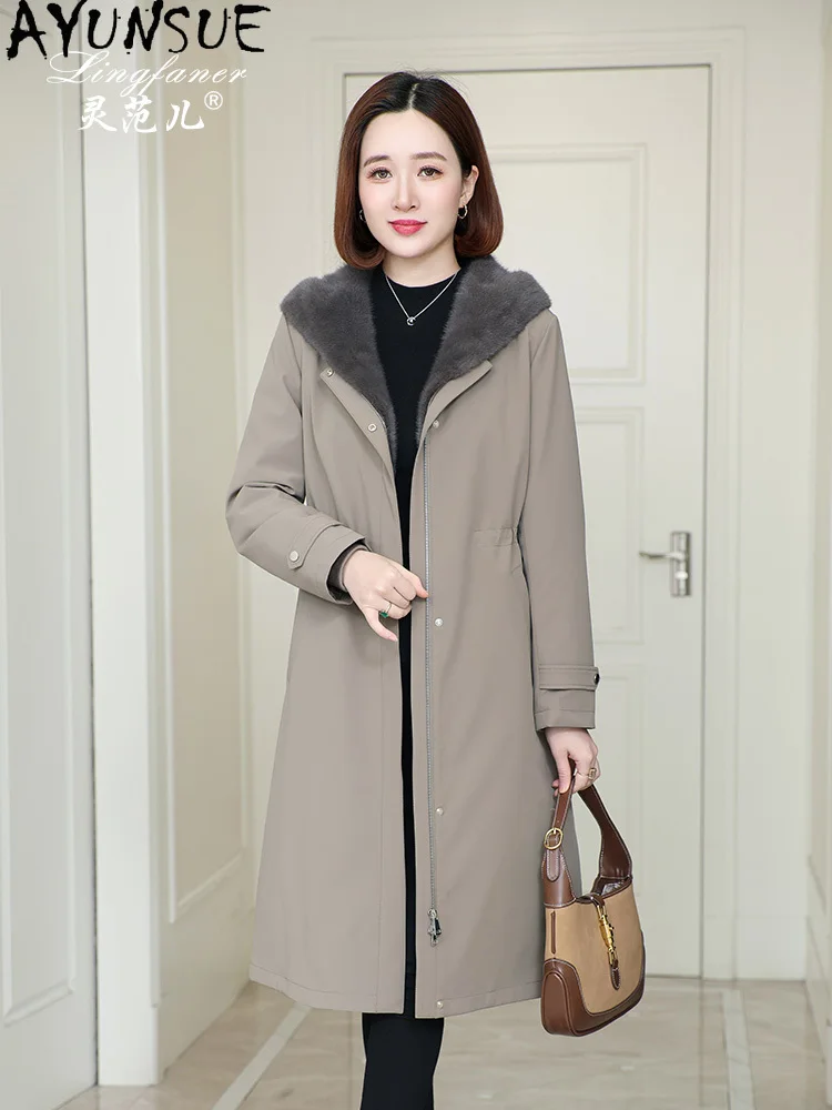 AYUNSUE 리얼 밍크 퍼 코트 여성용 2025 겨울 의류 중간 길이 파카 리얼 퍼 코트 여성용 코트 라이너 탈부착 가능