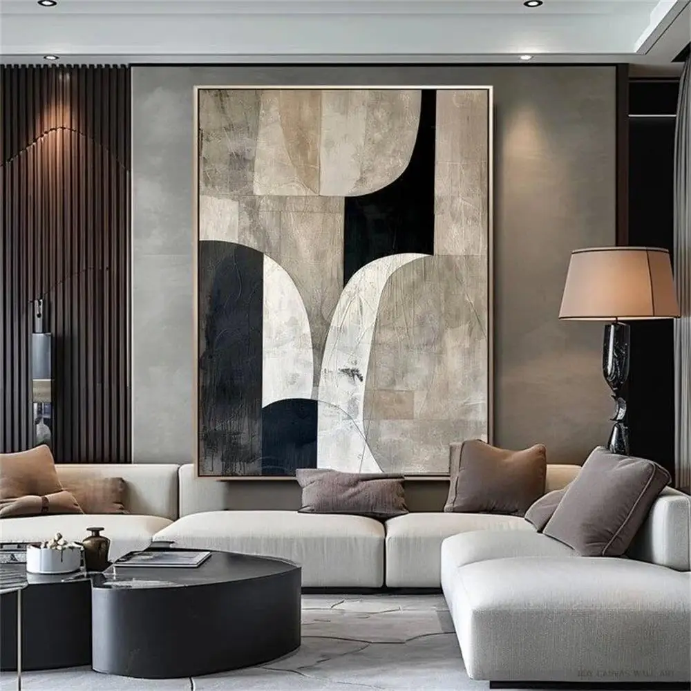 Large Netural Color Modern Wabi Sabi Wall Art Beige and Black Minimalist Wall Art Brown Texture Abstract Geometric Oil Painting