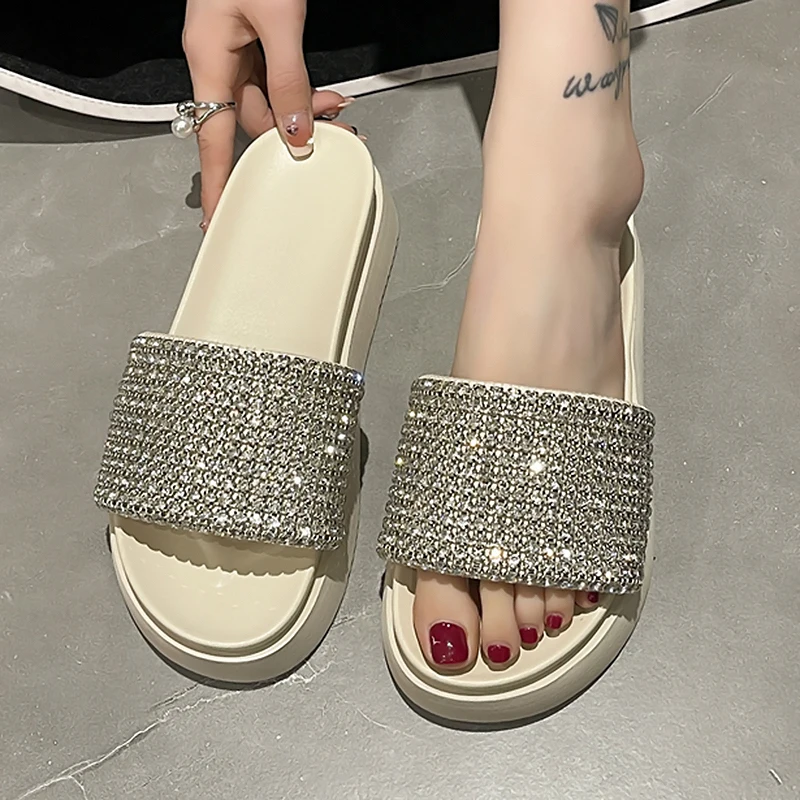 Rimocy Fashion Rhinestone Chunky Sandals Women Summer Thick Platform Wedges Slippers Woman Casual Non Slip Slide Sandals Female