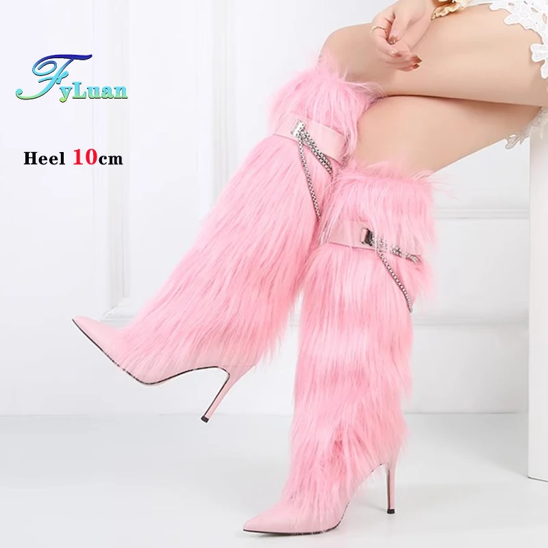 

Winter Women High Boots 10CM Stiletto Heels Europe and America Runway Shoes Faux Fur Pink Pointy Toe Modern Long Boots For Woman