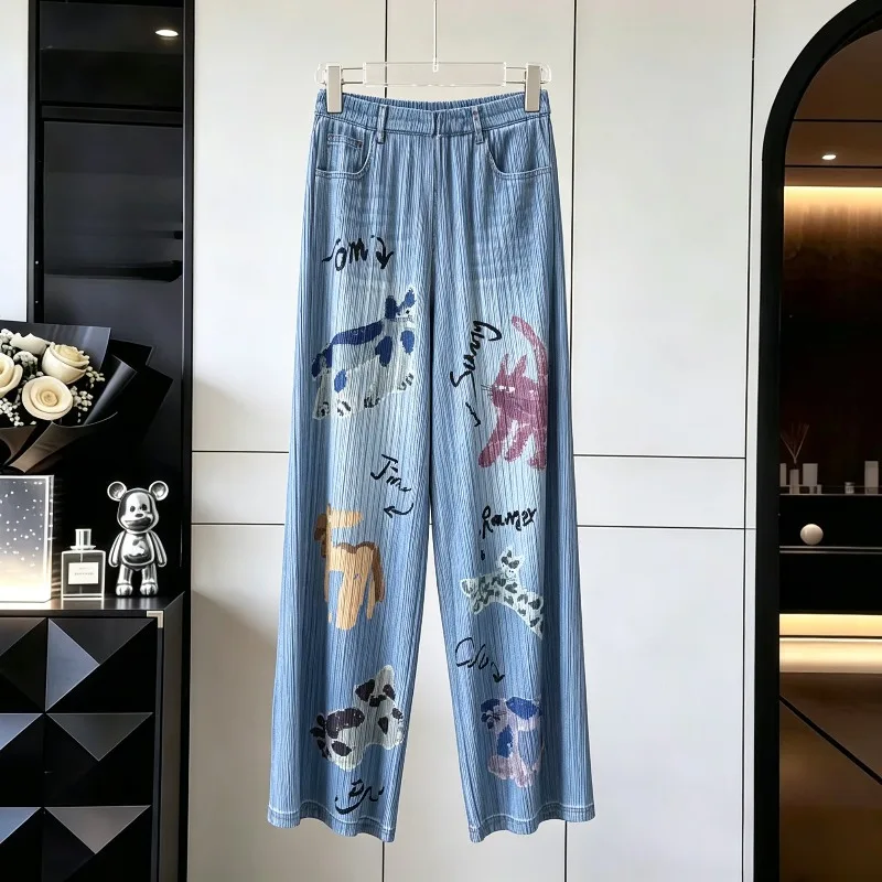 Miyake Pleated Pants 2026 New High-Waisted Draped Casual Wide-Leg Pants Versatile Loose Faux Denim Cartoon Print Women's Pants