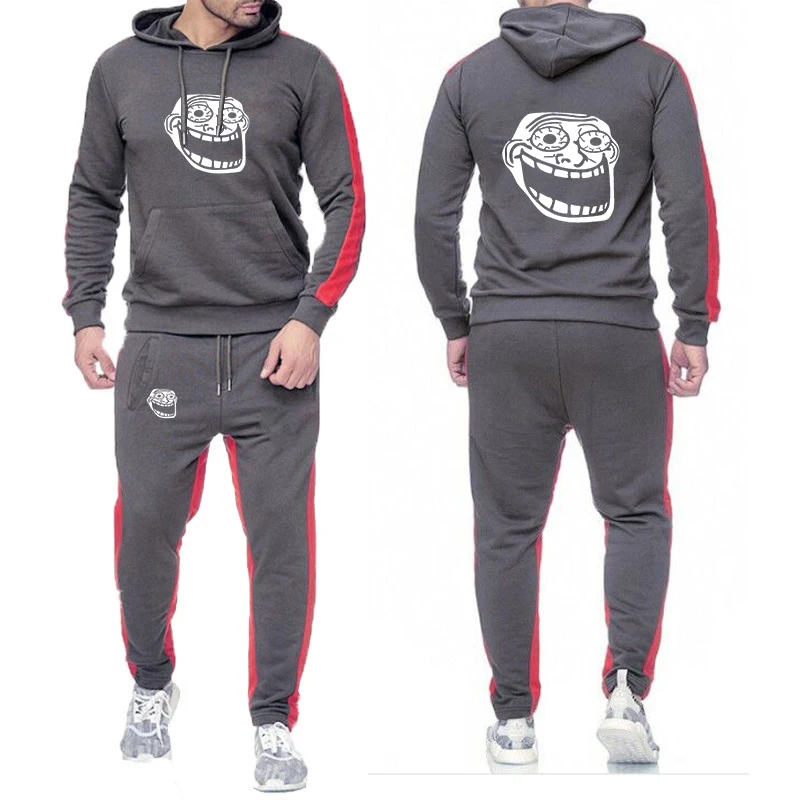 

2025 Troll Face Men's New Spring And Autumn Solid Color Set Casual Long-sleeved Hoodies Sweatpant Two Piece Suit